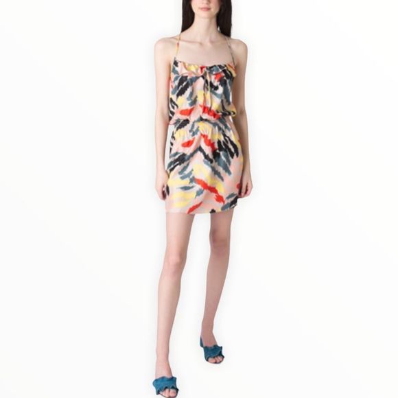 Parker Multicolor Print Ruffle Trim Square Neck Strap Racerback Dress size M - Picture 1 of 13